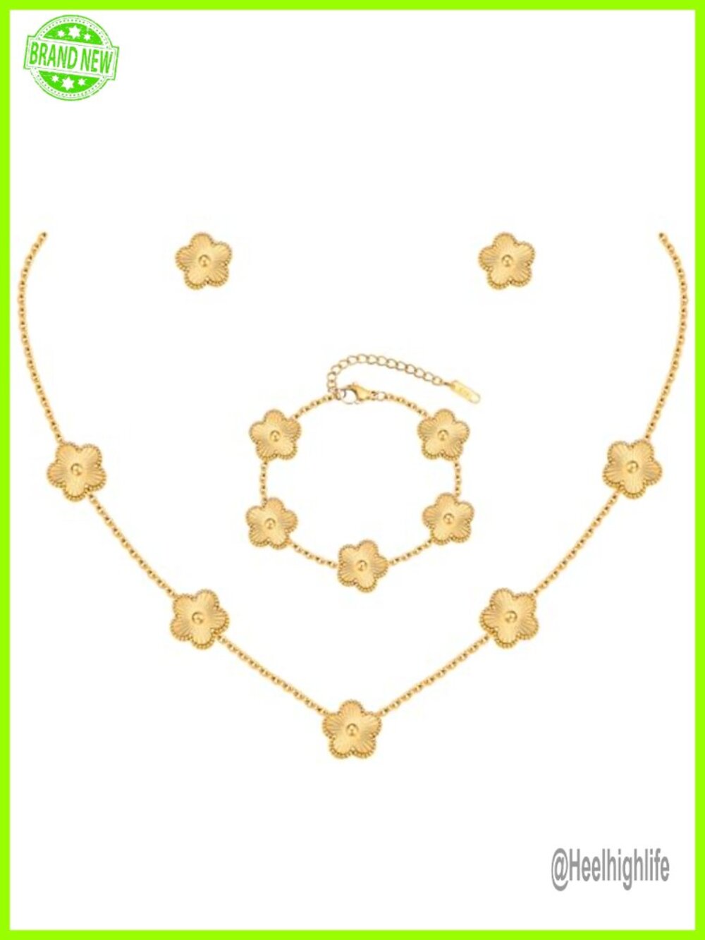 18K Gold Plated Floral Necklace Bracelet Earring Set Hypoallergenic